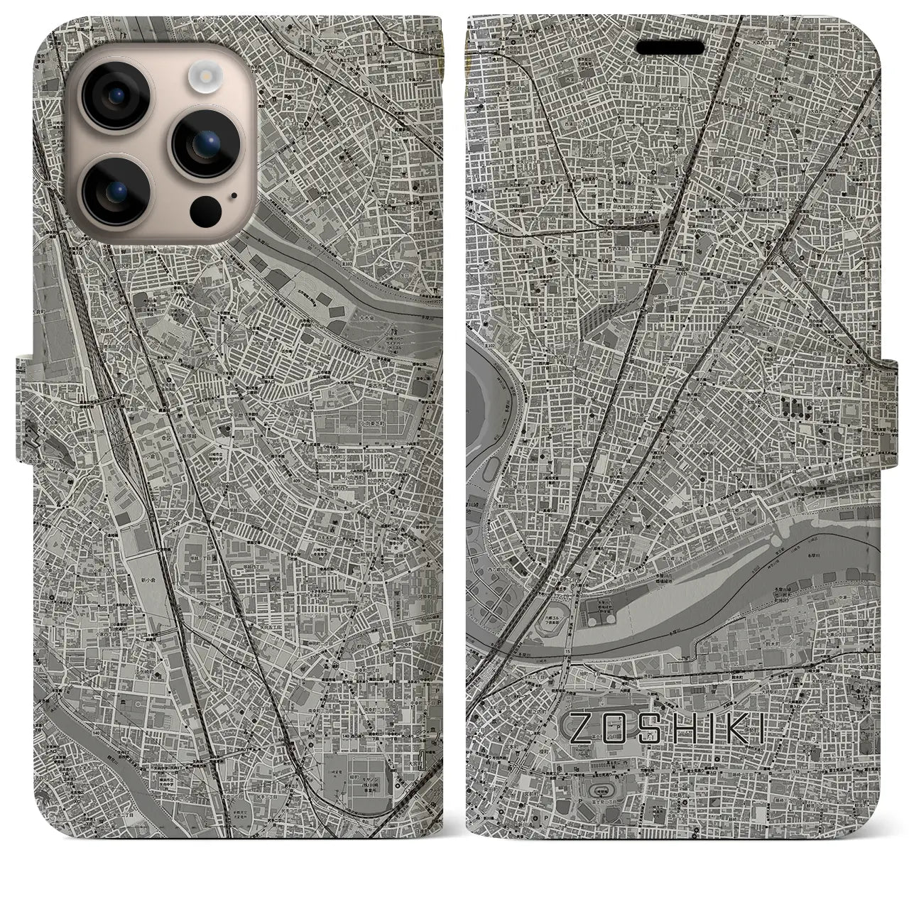 【雑色（東京都）】地図柄iPhoneケース（手帳タイプ）モノトーン・iPhone 16 Plus 用