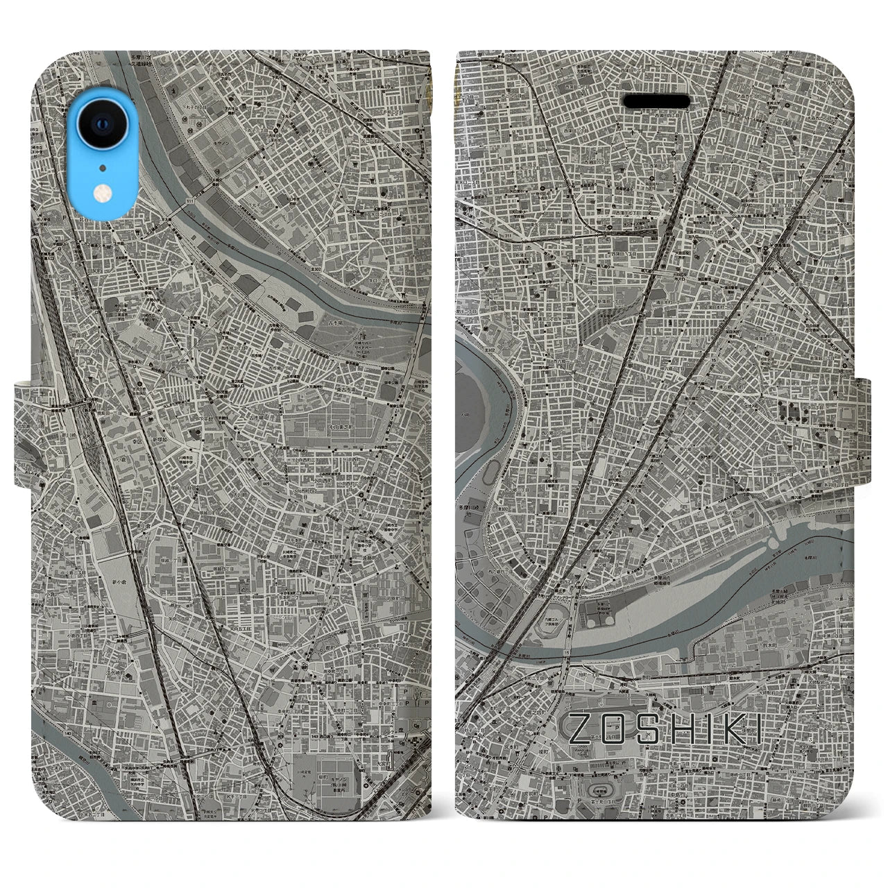 【雑色】地図柄iPhoneケース（手帳両面タイプ・モノトーン）iPhone XR 用