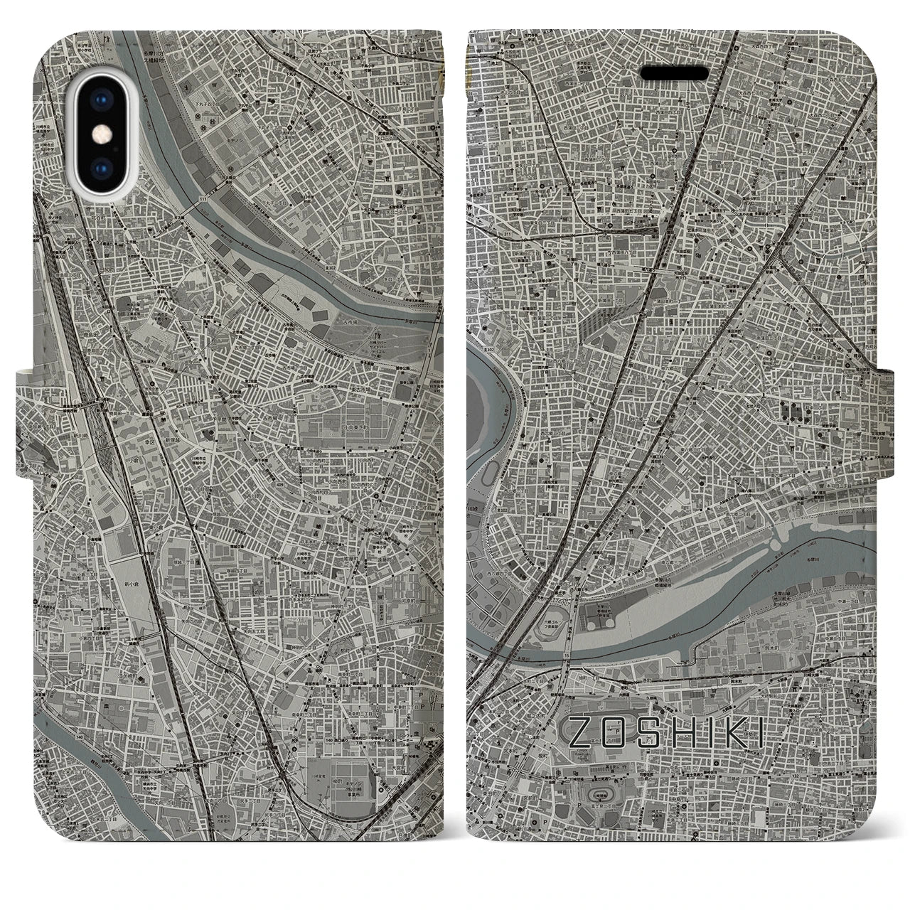 【雑色】地図柄iPhoneケース（手帳両面タイプ・モノトーン）iPhone XS Max 用