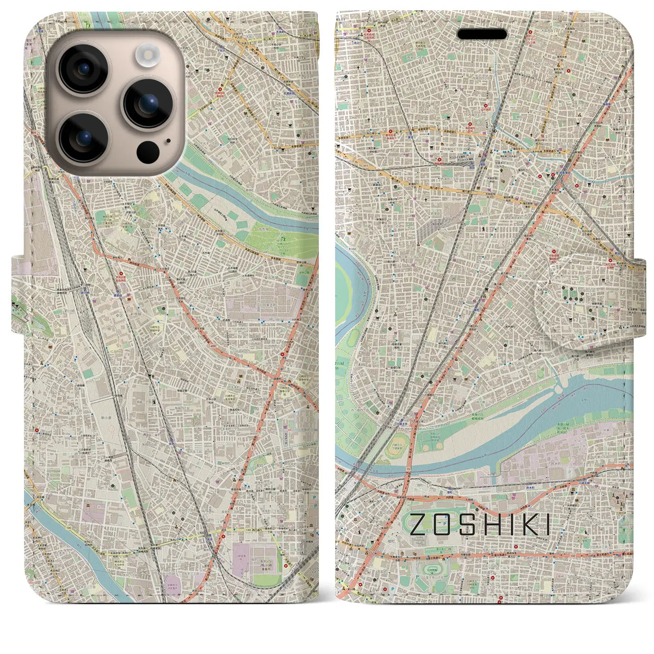 【雑色（東京都）】地図柄iPhoneケース（手帳タイプ）ナチュラル・iPhone 16 Plus 用