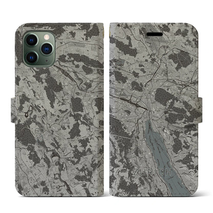 【チューリッヒ（スイス）】地図柄iPhoneケース（手帳タイプ）モノトーン・iPhone 11 Pro 用