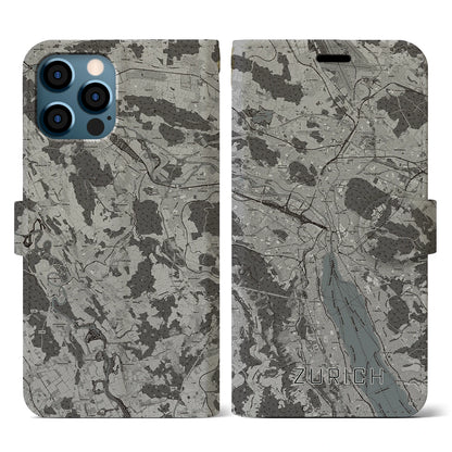 【チューリッヒ（スイス）】地図柄iPhoneケース（手帳タイプ）モノトーン・iPhone 12 / 12 Pro 用