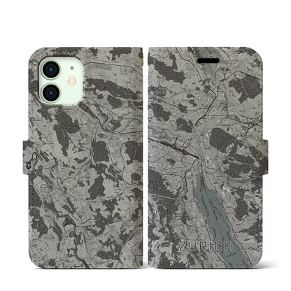 【チューリッヒ（スイス）】地図柄iPhoneケース（手帳タイプ）モノトーン・iPhone 12 mini 用