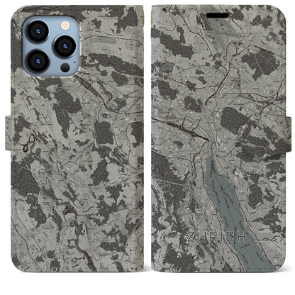 【チューリッヒ（スイス）】地図柄iPhoneケース（手帳タイプ）モノトーン・iPhone 13 Pro Max 用