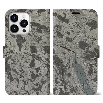 【チューリッヒ（スイス）】地図柄iPhoneケース（手帳タイプ）モノトーン・iPhone 13 Pro 用