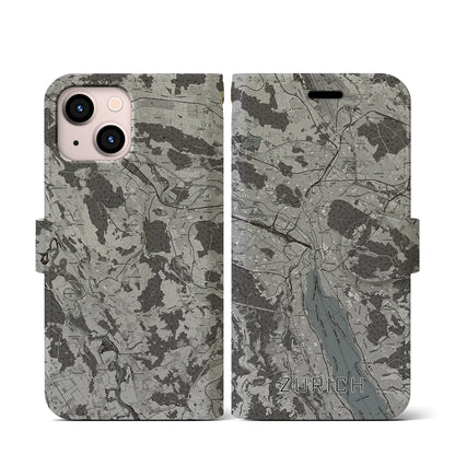【チューリッヒ（スイス）】地図柄iPhoneケース（手帳タイプ）モノトーン・iPhone 13 mini 用