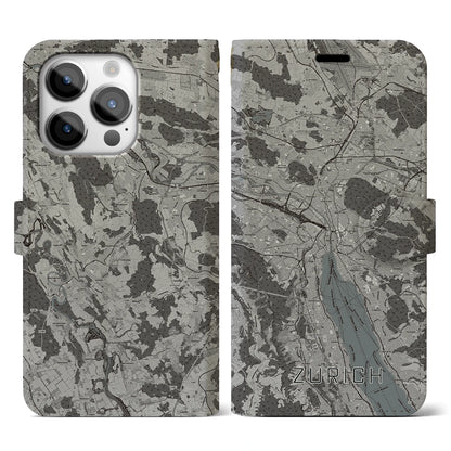 【チューリッヒ（スイス）】地図柄iPhoneケース（手帳タイプ）モノトーン・iPhone 14 Pro 用