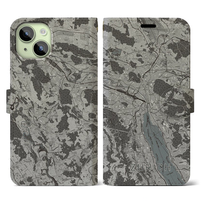 【チューリッヒ（スイス）】地図柄iPhoneケース（手帳タイプ）モノトーン・iPhone 15 用