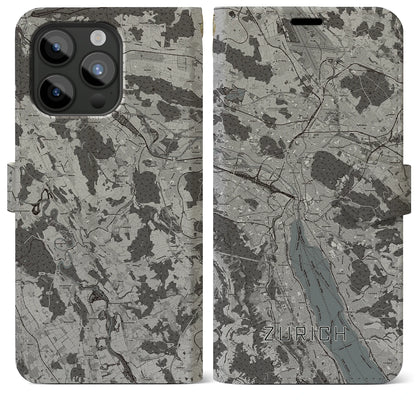 【チューリッヒ（スイス）】地図柄iPhoneケース（手帳タイプ）モノトーン・iPhone 15 Pro Max 用