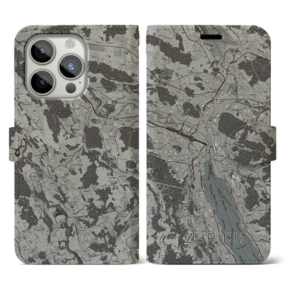 【チューリッヒ（スイス）】地図柄iPhoneケース（手帳タイプ）モノトーン・iPhone 15 Pro 用