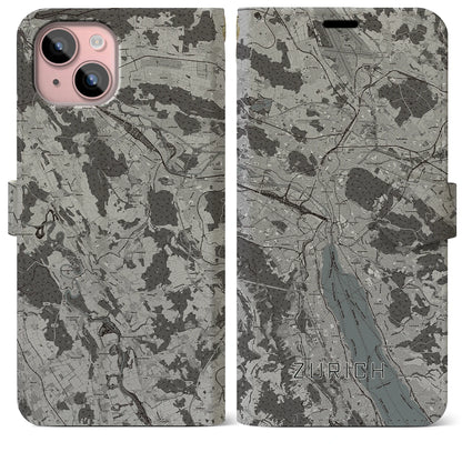【チューリッヒ（スイス）】地図柄iPhoneケース（手帳タイプ）モノトーン・iPhone 15 Plus 用