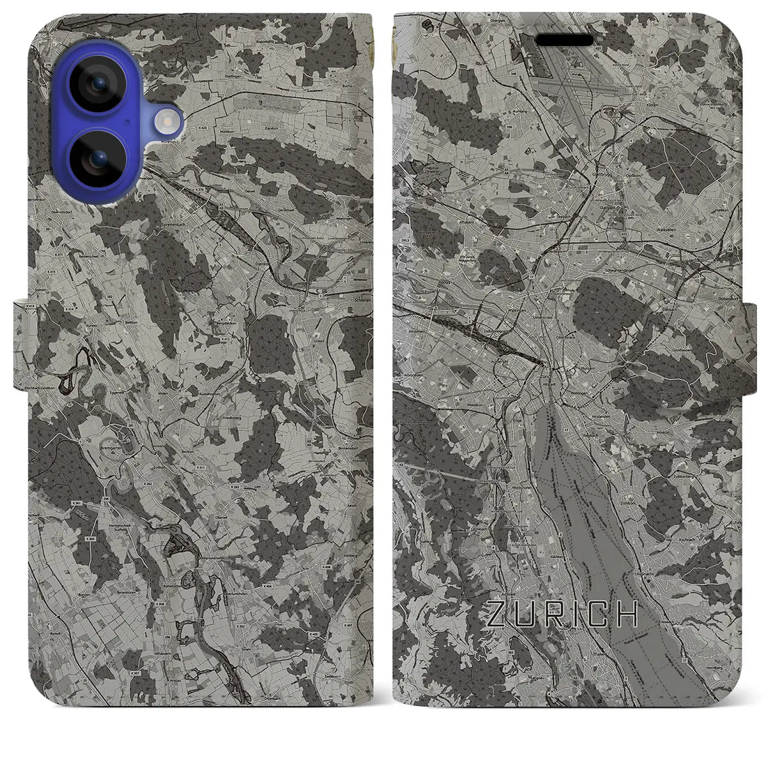 【チューリッヒ(スイス)】地図柄iPhoneケース(手帳タイプ)モノトーン・iPhone 16 Pro Max 用