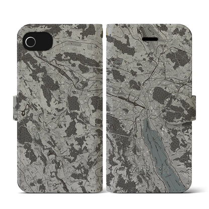 【チューリッヒ（スイス）】地図柄iPhoneケース（手帳タイプ）モノトーン・iPhone SE（第3 / 第2世代） / 8 / 7 / 6s / 6 用