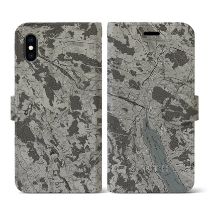 【チューリッヒ（スイス）】地図柄iPhoneケース（手帳タイプ）モノトーン・iPhone XS / X 用