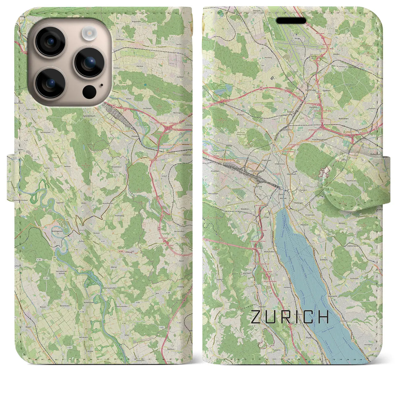 【チューリッヒ（スイス）】地図柄iPhoneケース（手帳タイプ）ナチュラル・iPhone 16 Plus 用