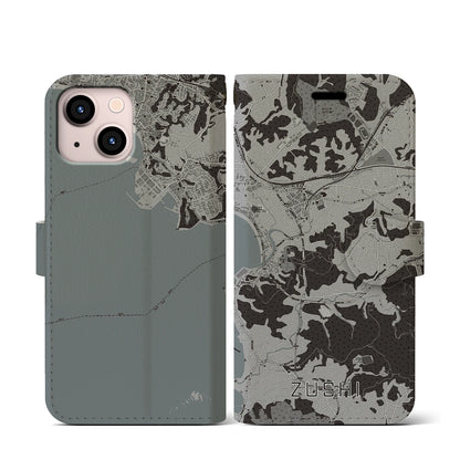 【逗子（神奈川県）】地図柄iPhoneケース（手帳タイプ）モノトーン・iPhone 13 mini 用