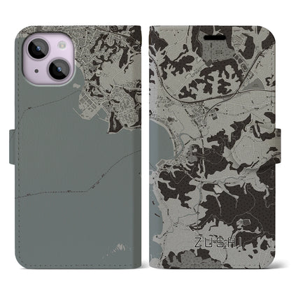 【逗子（神奈川県）】地図柄iPhoneケース（手帳タイプ）モノトーン・iPhone 14 用