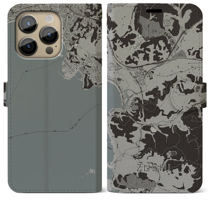 【逗子（神奈川県）】地図柄iPhoneケース（手帳タイプ）モノトーン・iPhone 14 Pro Max 用