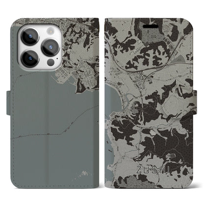 【逗子（神奈川県）】地図柄iPhoneケース（手帳タイプ）モノトーン・iPhone 14 Pro 用