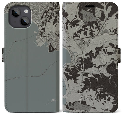 【逗子（神奈川県）】地図柄iPhoneケース（手帳タイプ）モノトーン・iPhone 14 Plus 用