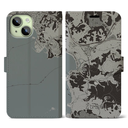 【逗子（神奈川県）】地図柄iPhoneケース（手帳タイプ）モノトーン・iPhone 15 用