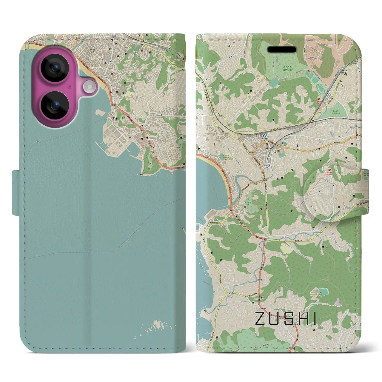 【逗子（神奈川県）】地図柄iPhoneケース（手帳タイプ）ナチュラル・iPhone 16 Pro 用