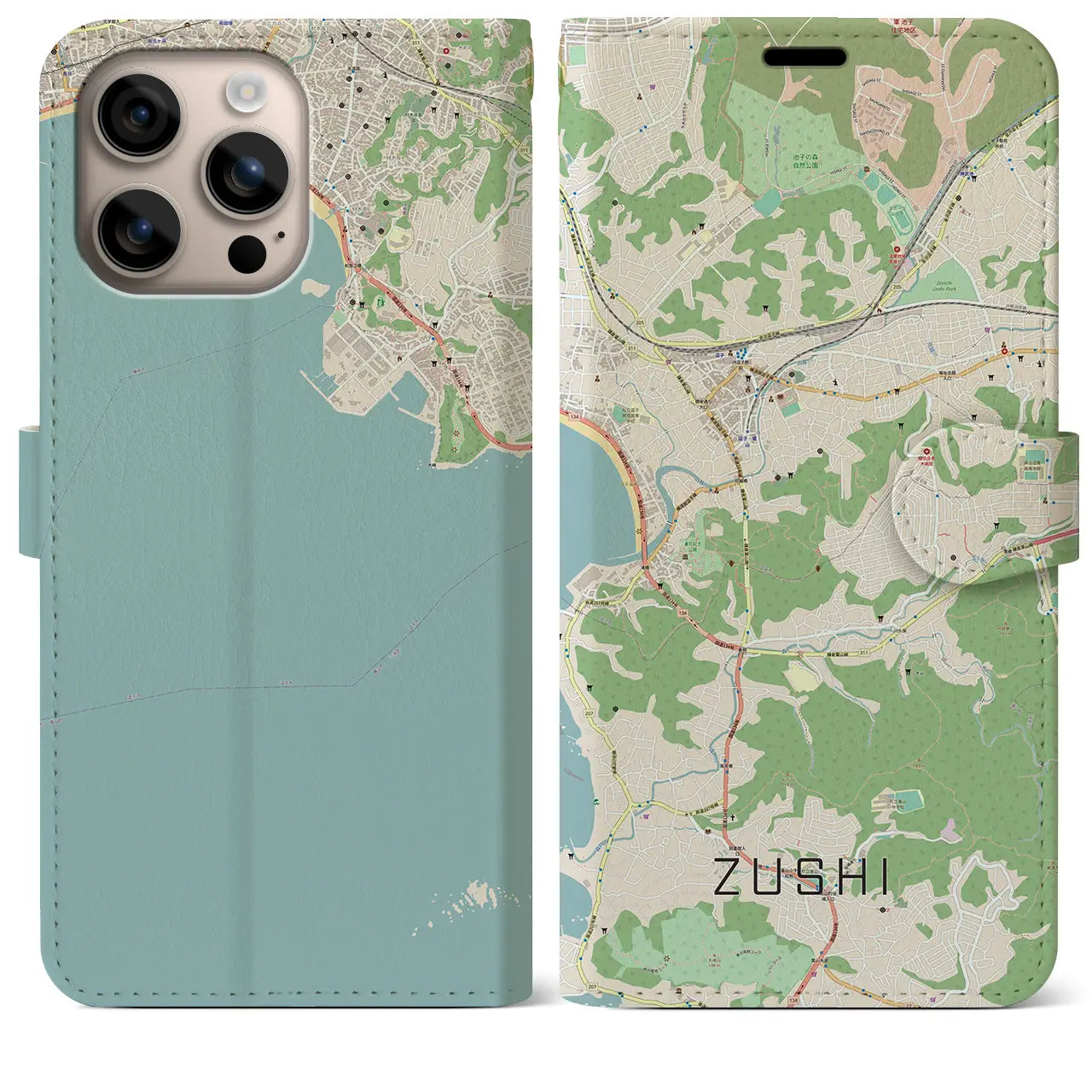 【逗子（神奈川県）】地図柄iPhoneケース（手帳タイプ）ナチュラル・iPhone 16 Plus 用