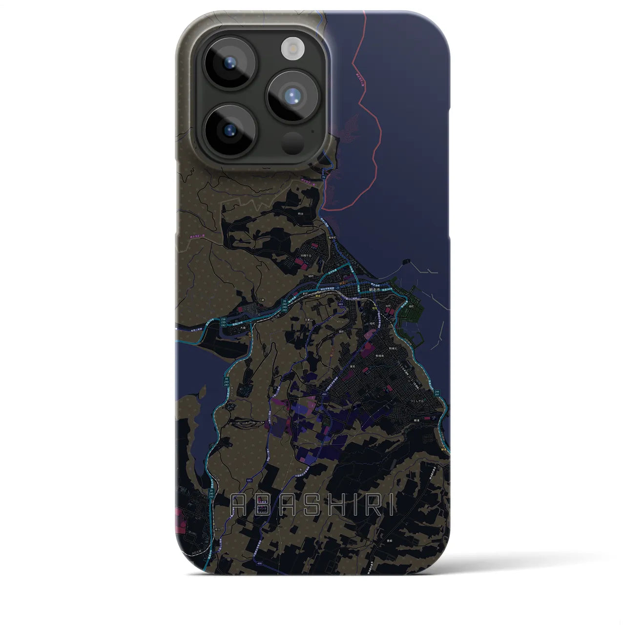 【網走】地図柄iPhoneケース（バックカバータイプ・ブラック）iPhone 15 Pro Max 用