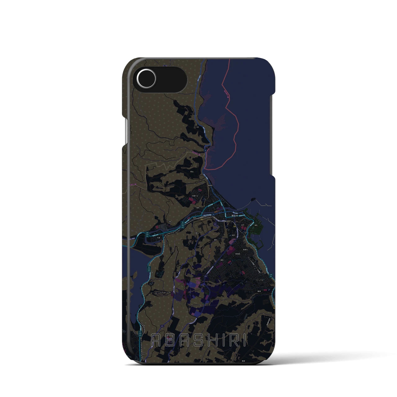 【網走】地図柄iPhoneケース（バックカバータイプ・ブラック）iPhone SE（第3 / 第2世代） / 8 / 7 / 6s / 6 用
