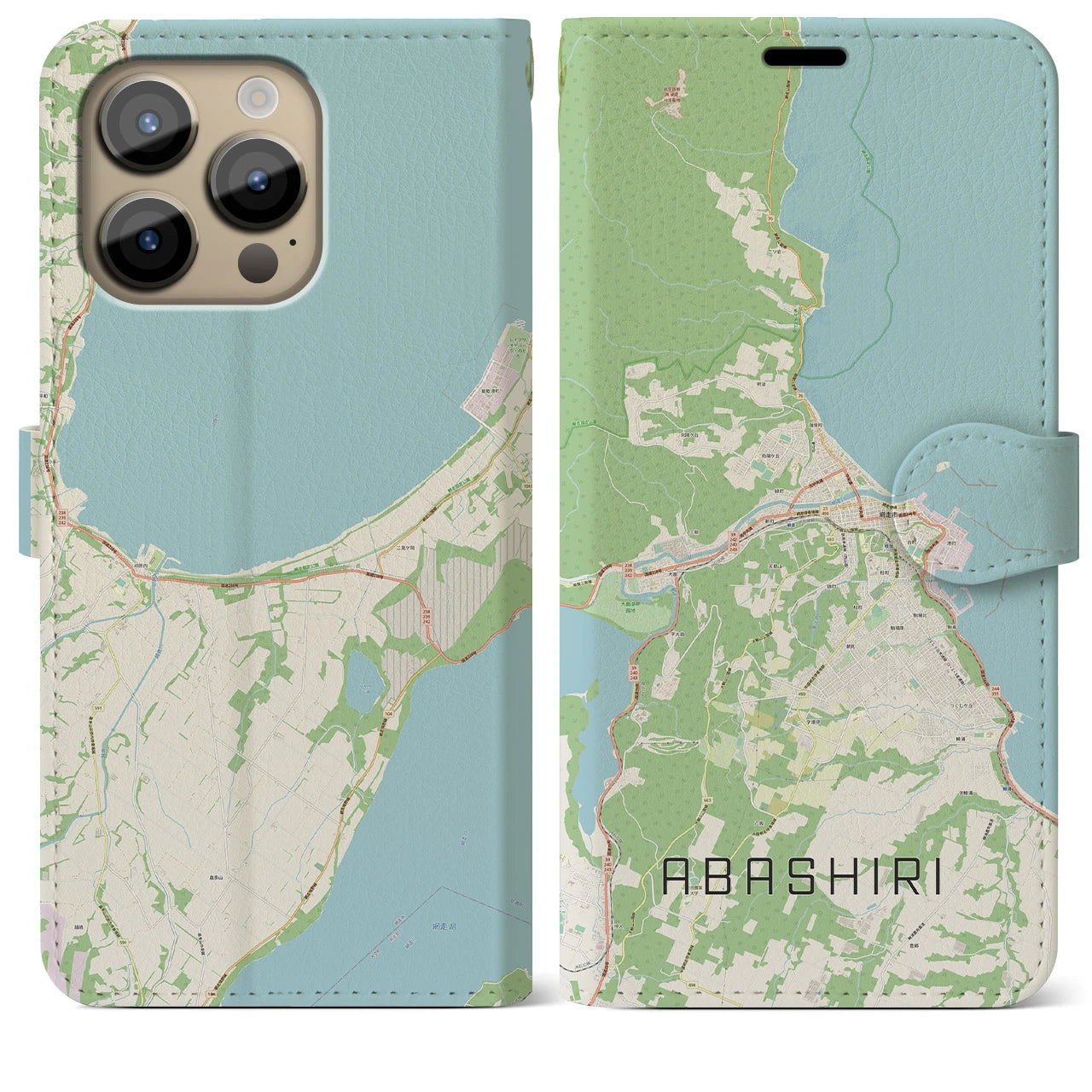 【網走】地図柄iPhoneケース（手帳両面タイプ・ナチュラル）iPhone 14 Pro Max 用