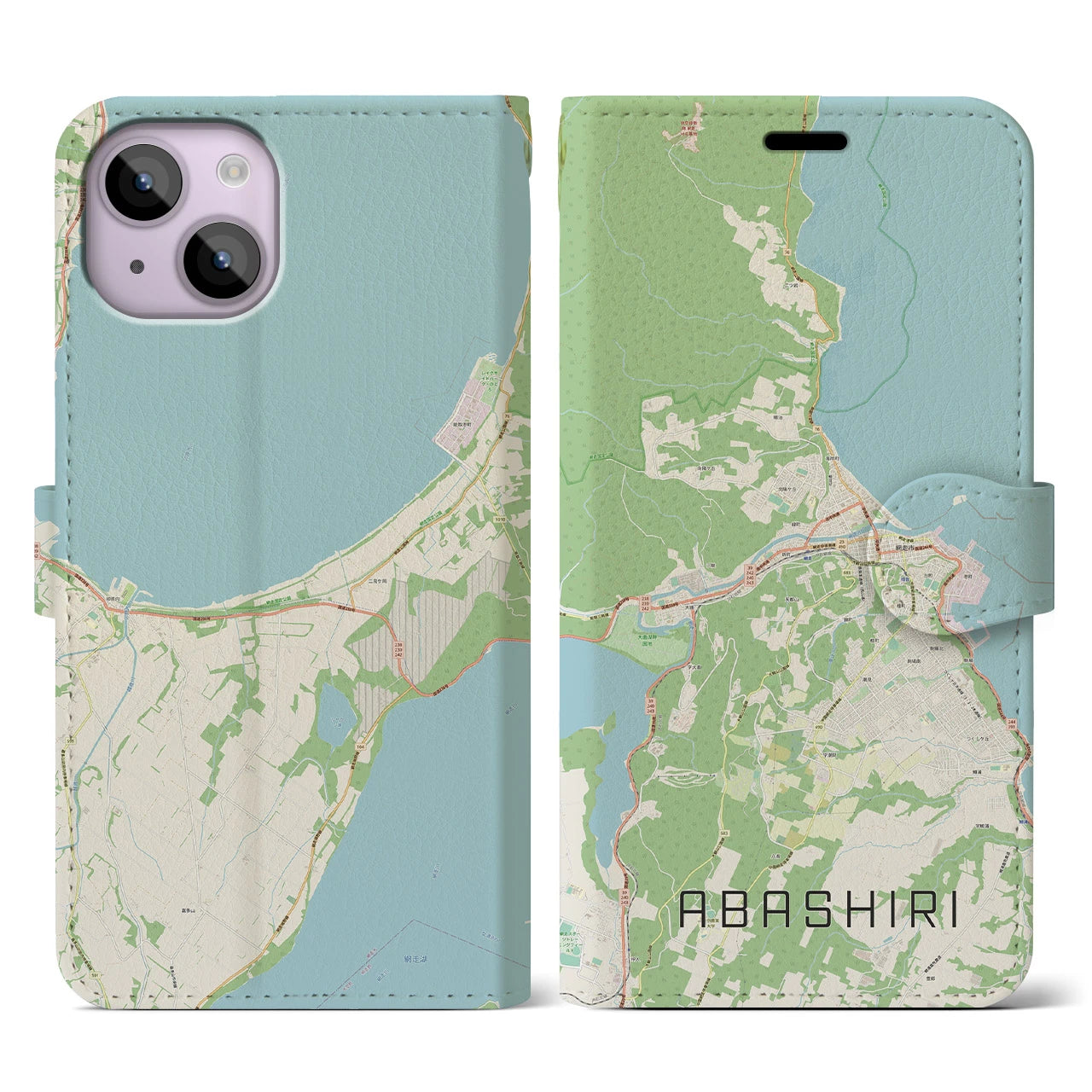 【網走】地図柄iPhoneケース（手帳両面タイプ・ナチュラル）iPhone 14 用