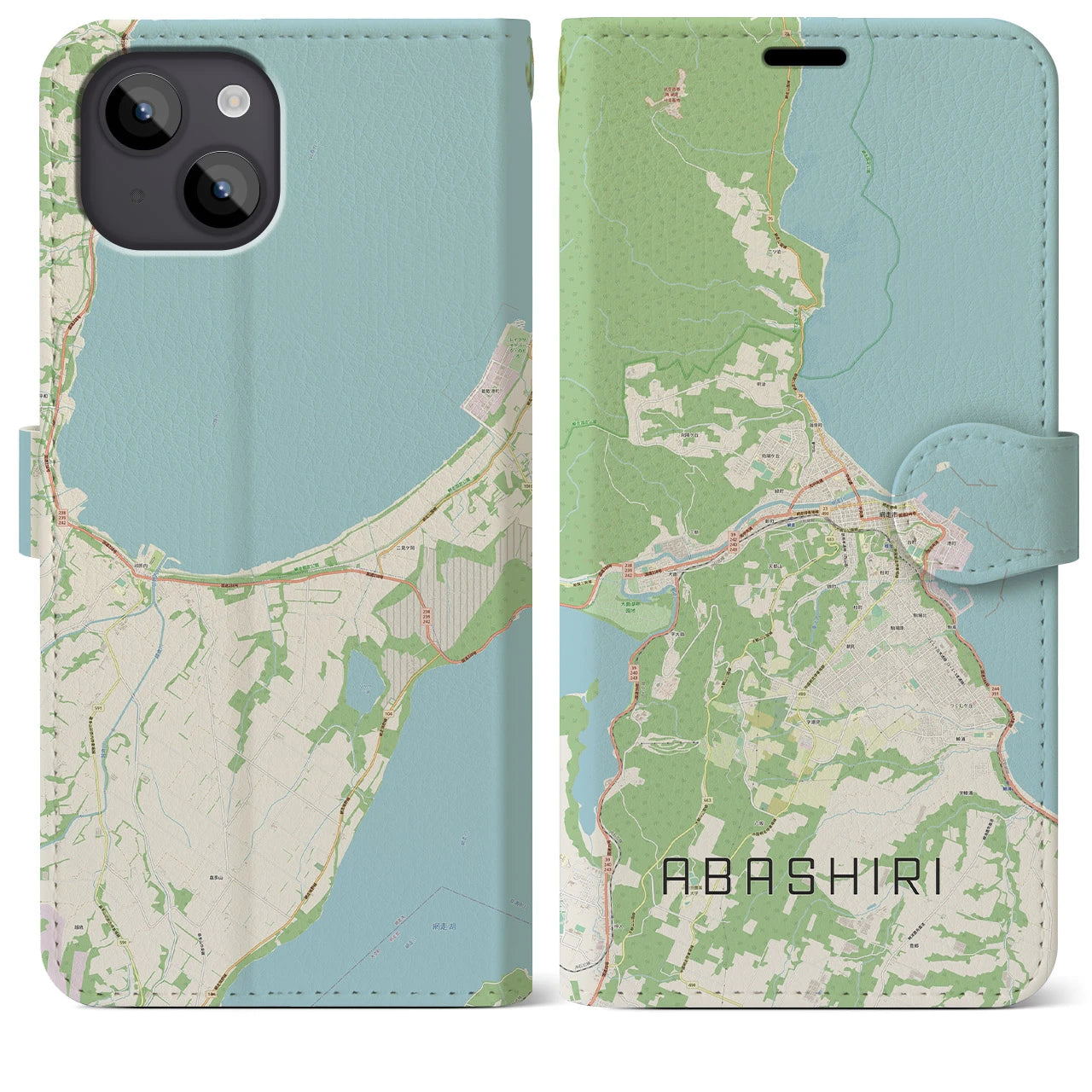 【網走】地図柄iPhoneケース（手帳両面タイプ・ナチュラル）iPhone 14 Plus 用