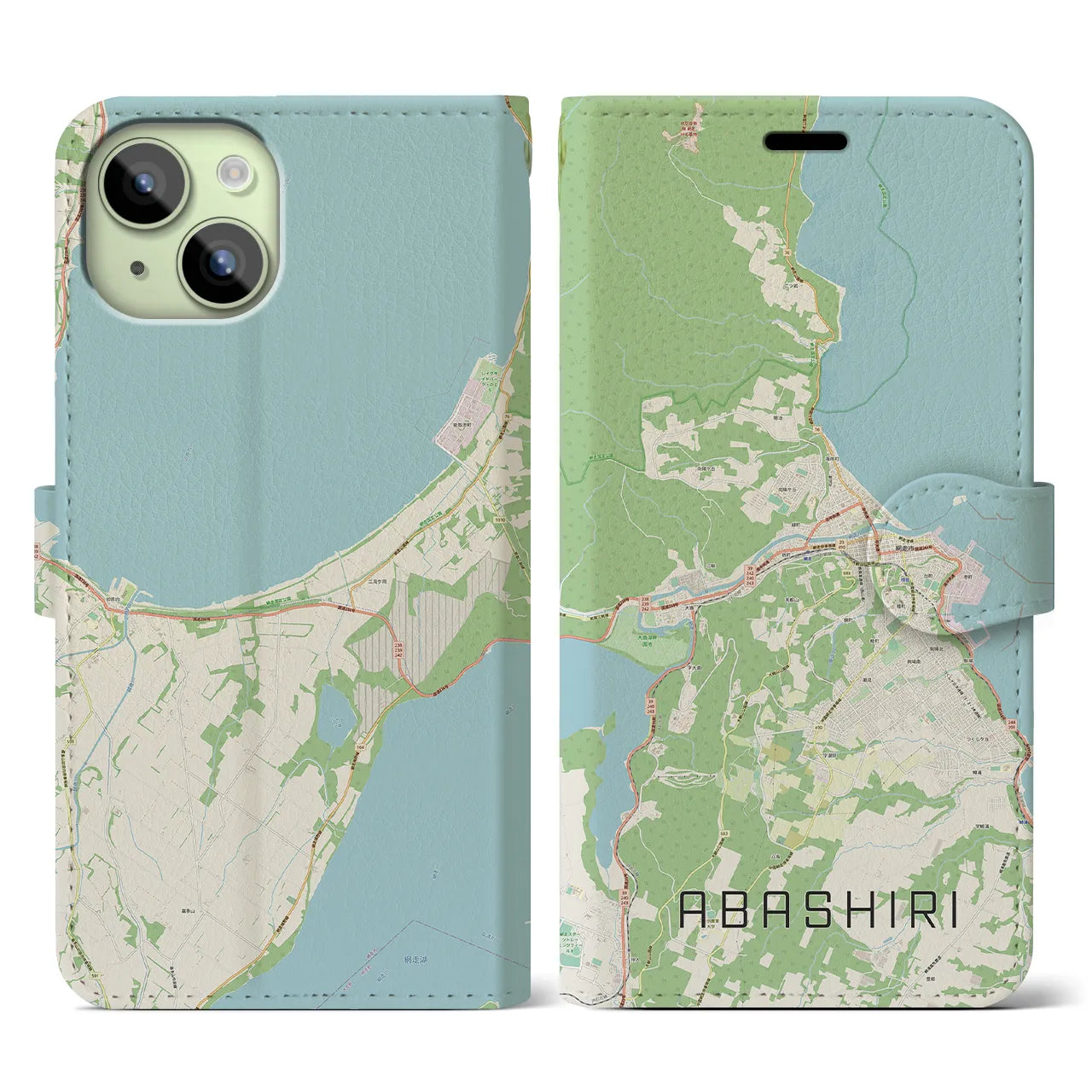 【網走】地図柄iPhoneケース（手帳両面タイプ・ナチュラル）iPhone 15 用