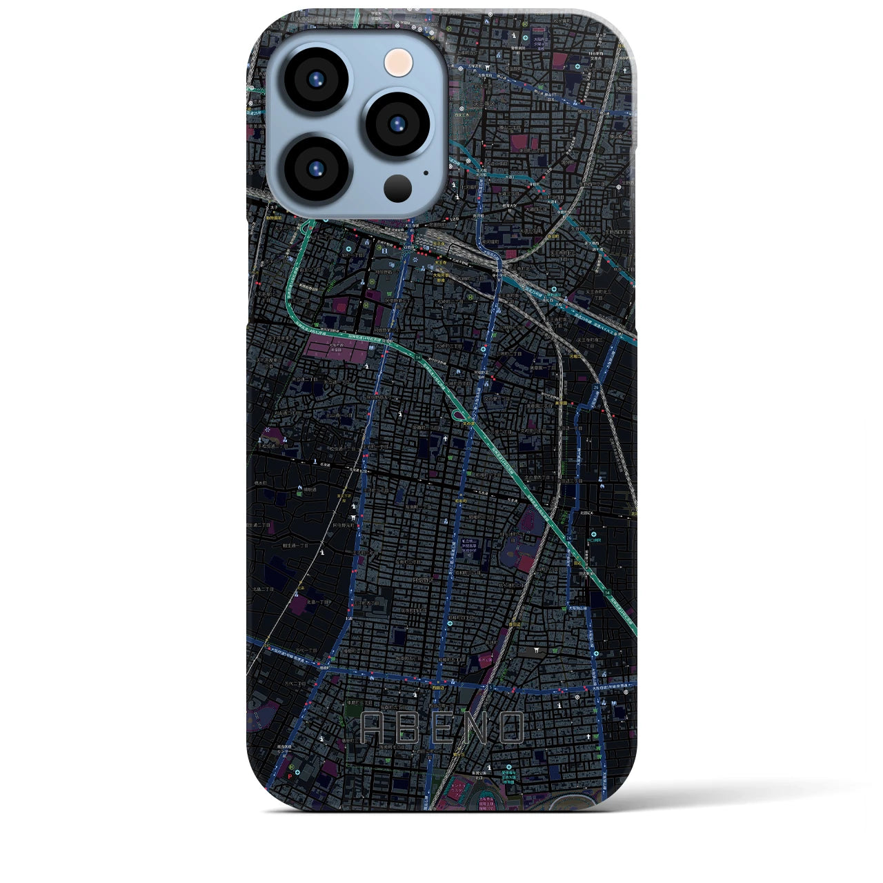 【阿倍野】地図柄iPhoneケース（バックカバータイプ・ブラック）iPhone 13 Pro Max 用