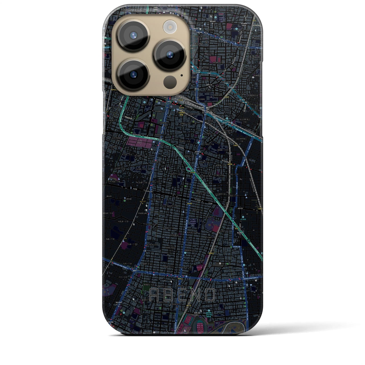 【阿倍野】地図柄iPhoneケース（バックカバータイプ・ブラック）iPhone 14 Pro Max 用