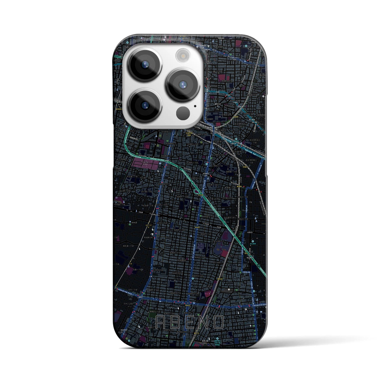 【阿倍野】地図柄iPhoneケース（バックカバータイプ・ブラック）iPhone 14 Pro 用