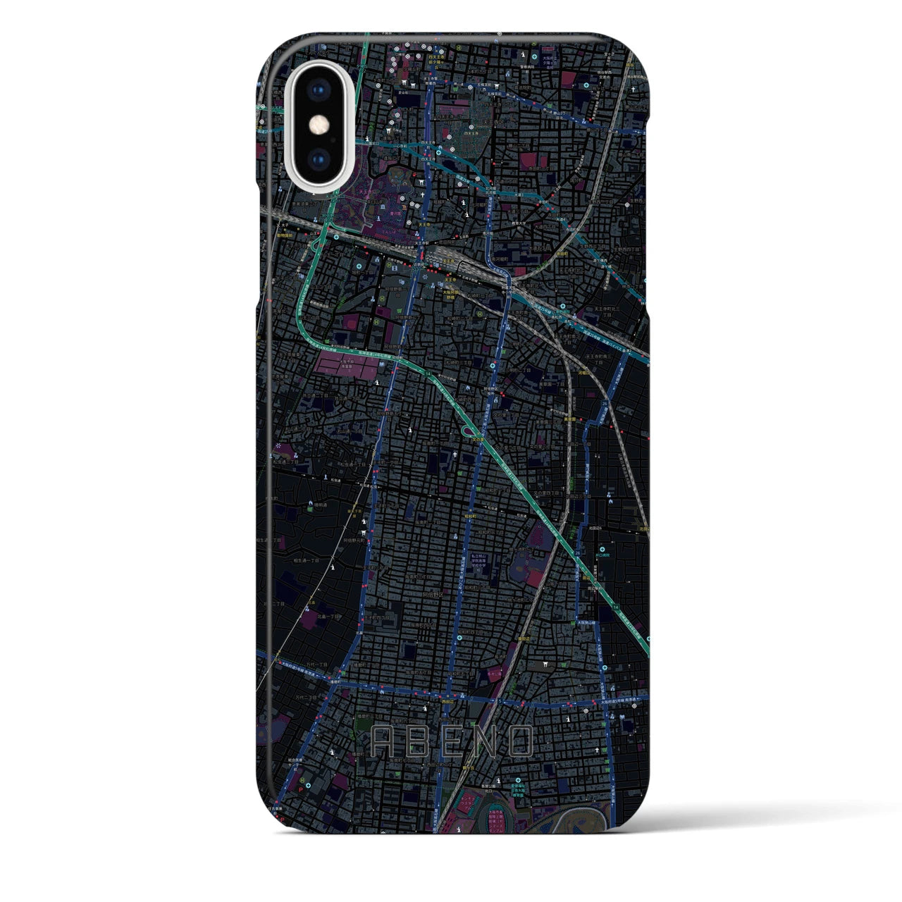 【阿倍野】地図柄iPhoneケース（バックカバータイプ・ブラック）iPhone XS Max 用