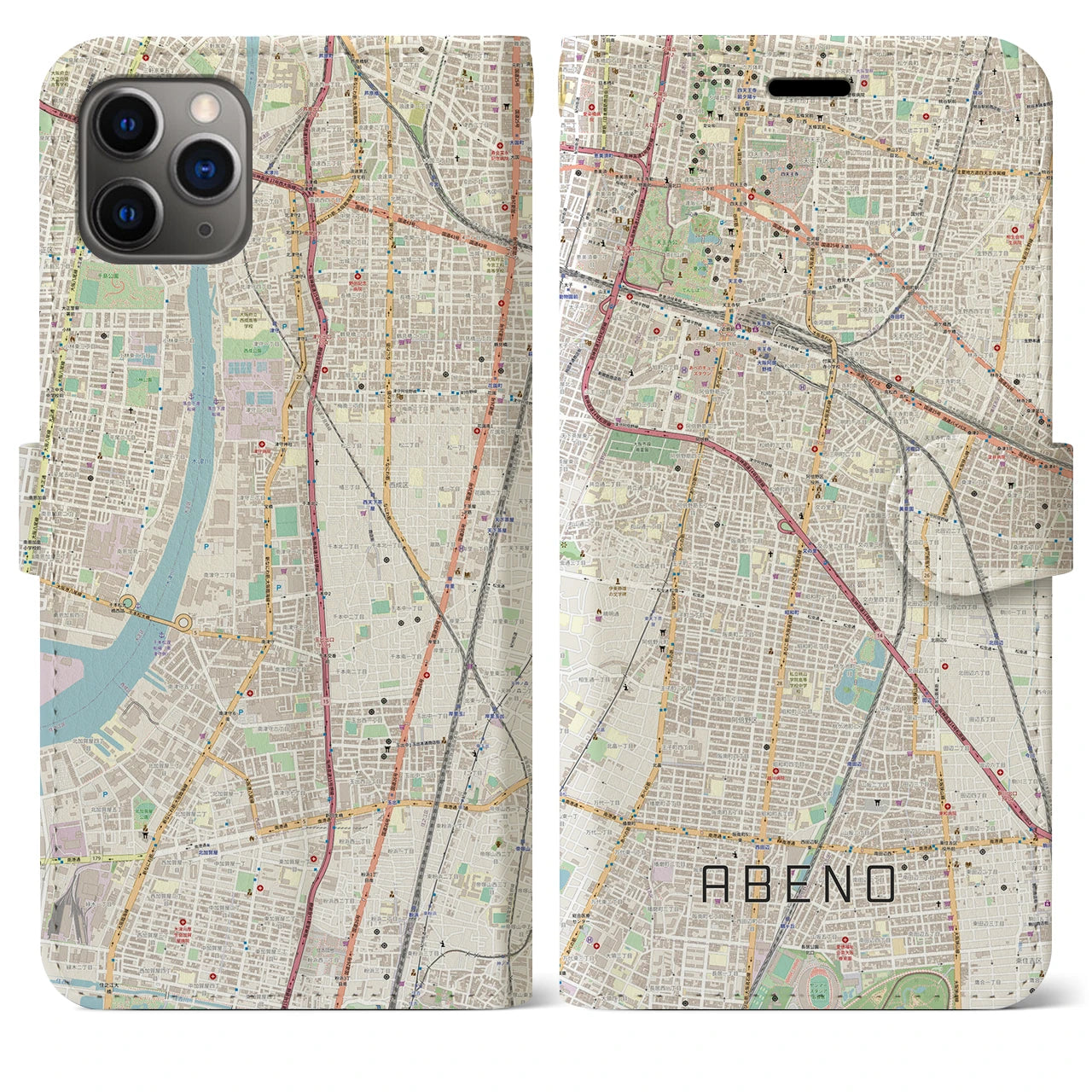 【阿倍野】地図柄iPhoneケース（手帳両面タイプ・ナチュラル）iPhone 11 Pro Max 用