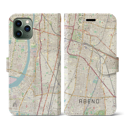 【阿倍野（大阪府）】地図柄iPhoneケース（手帳タイプ）ナチュラル・iPhone 11 Pro 用