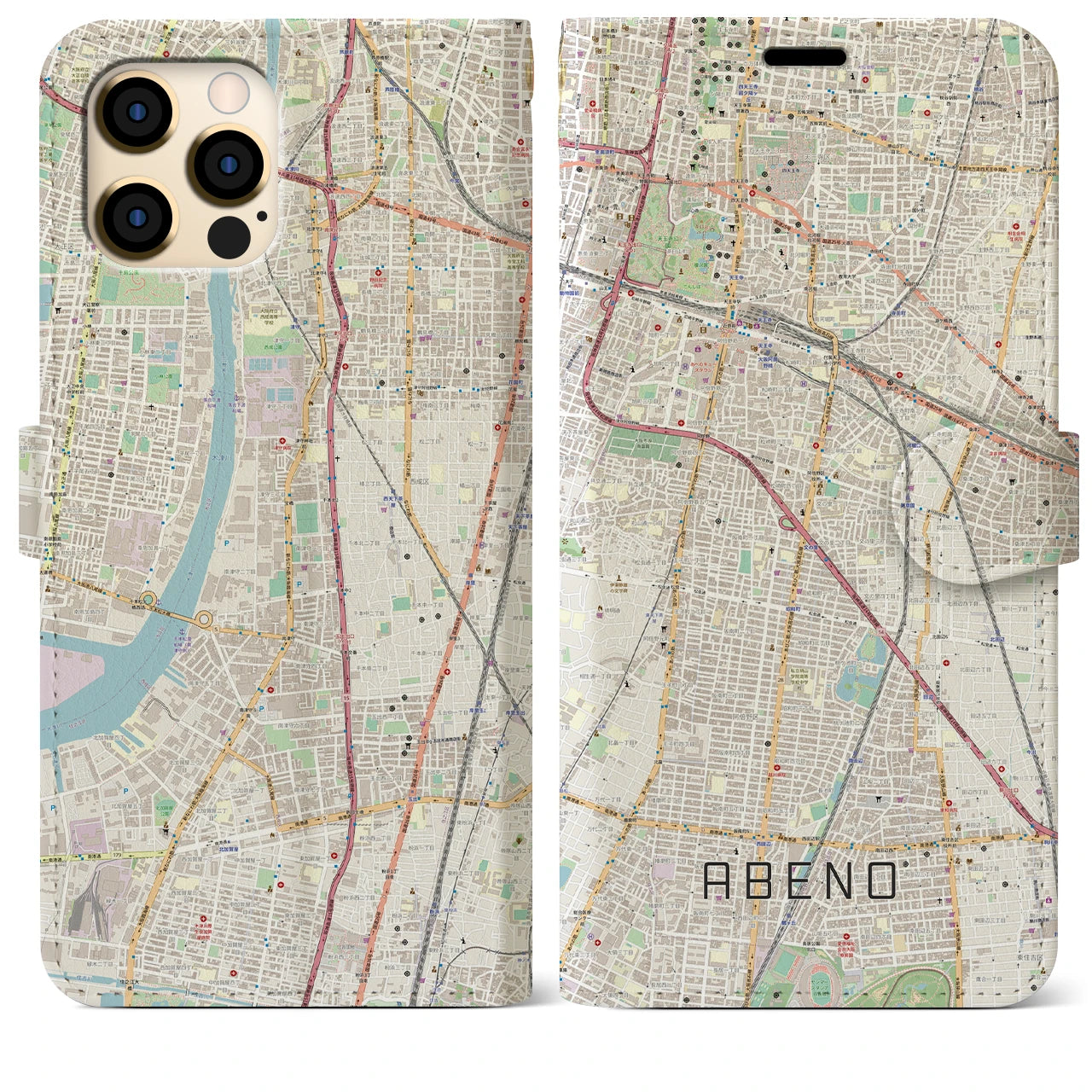 【阿倍野】地図柄iPhoneケース（手帳両面タイプ・ナチュラル）iPhone 12 Pro Max 用