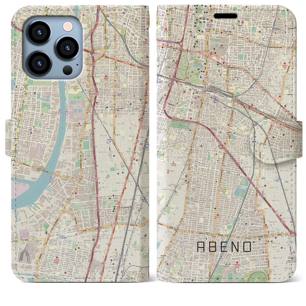 【阿倍野】地図柄iPhoneケース（手帳両面タイプ・ナチュラル）iPhone 13 Pro Max 用