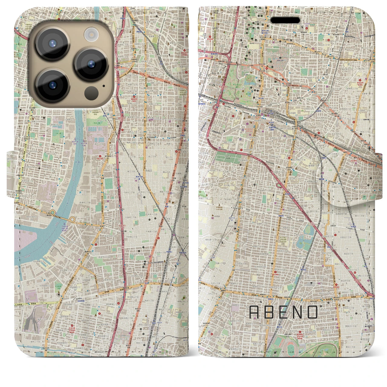【阿倍野】地図柄iPhoneケース（手帳両面タイプ・ナチュラル）iPhone 14 Pro Max 用