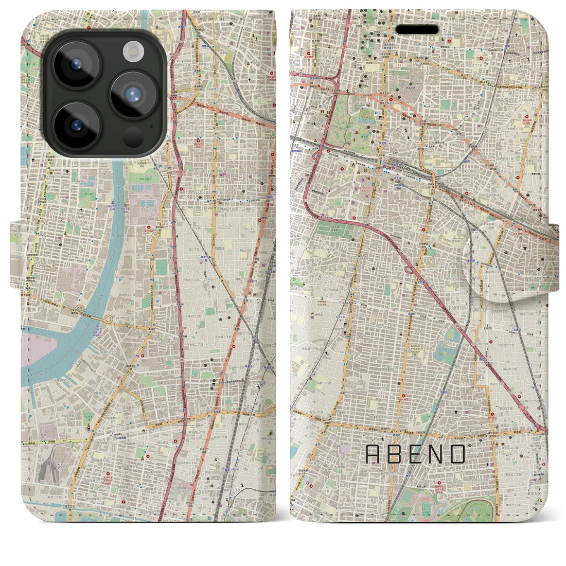 【阿倍野】地図柄iPhoneケース（手帳両面タイプ・ナチュラル）iPhone 15 Pro Max 用
