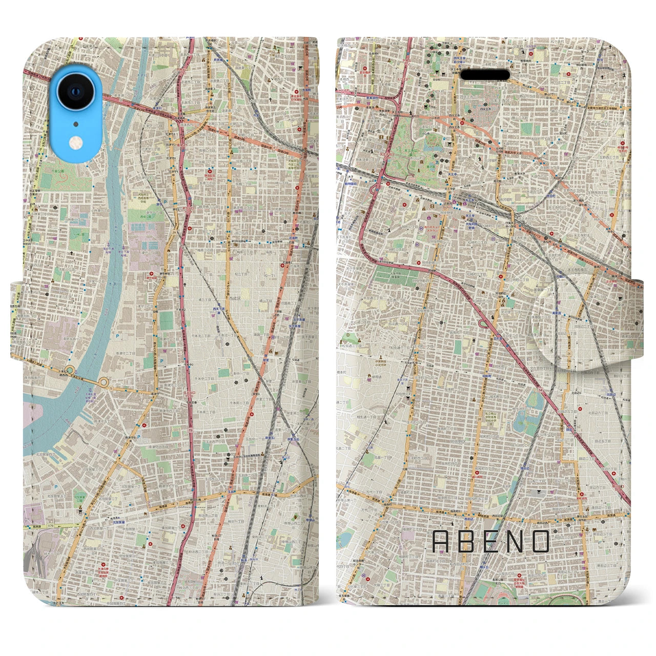 【阿倍野】地図柄iPhoneケース（手帳両面タイプ・ナチュラル）iPhone XR 用