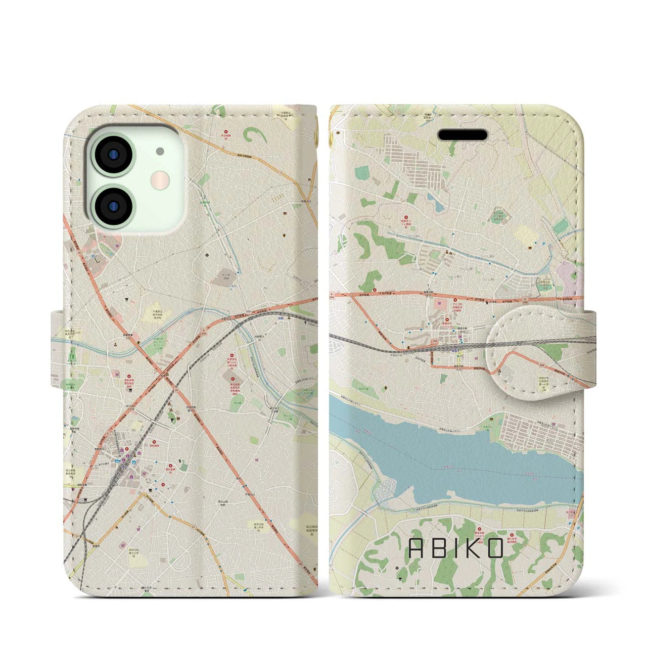 【我孫子】地図柄iPhoneケース（手帳両面タイプ・ナチュラル）iPhone 12 mini 用