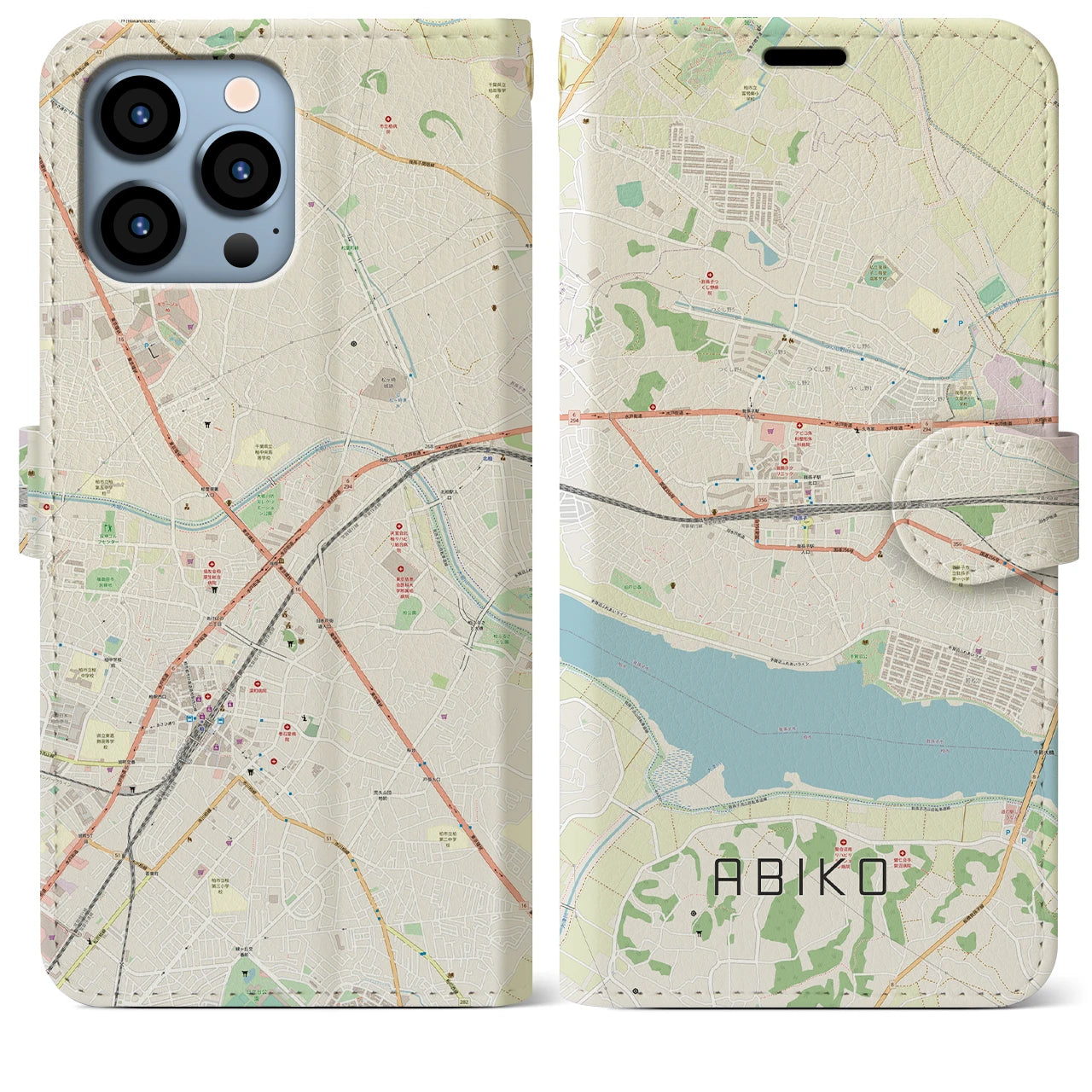 【我孫子】地図柄iPhoneケース（手帳両面タイプ・ナチュラル）iPhone 13 Pro Max 用