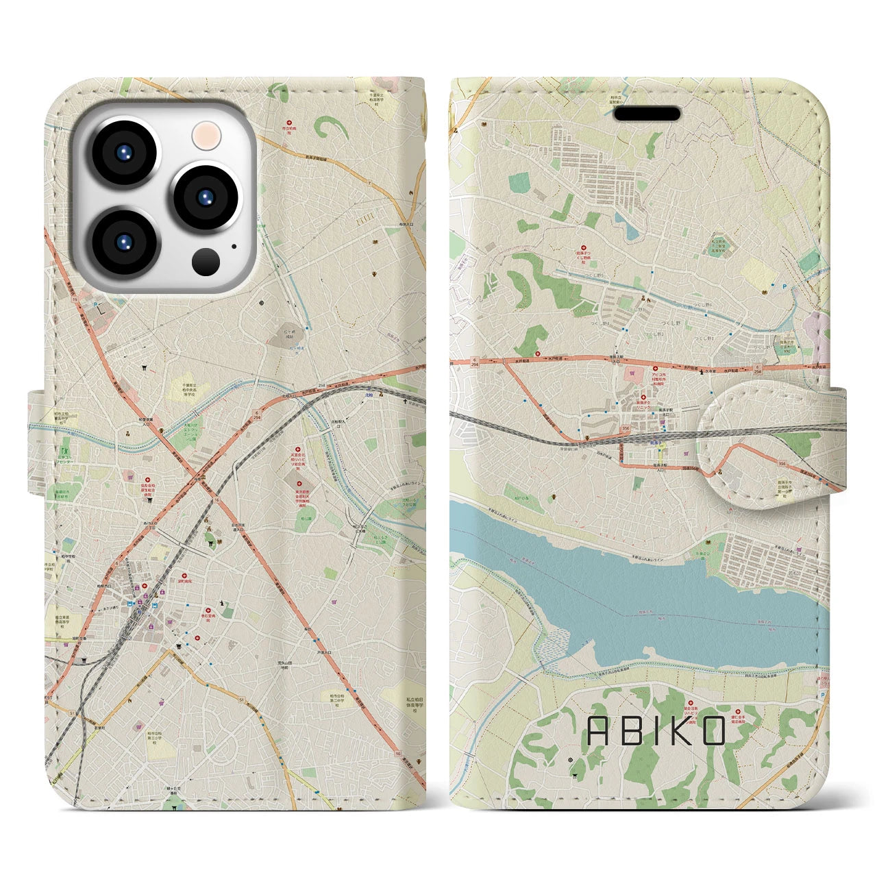【我孫子】地図柄iPhoneケース（手帳両面タイプ・ナチュラル）iPhone 13 Pro 用