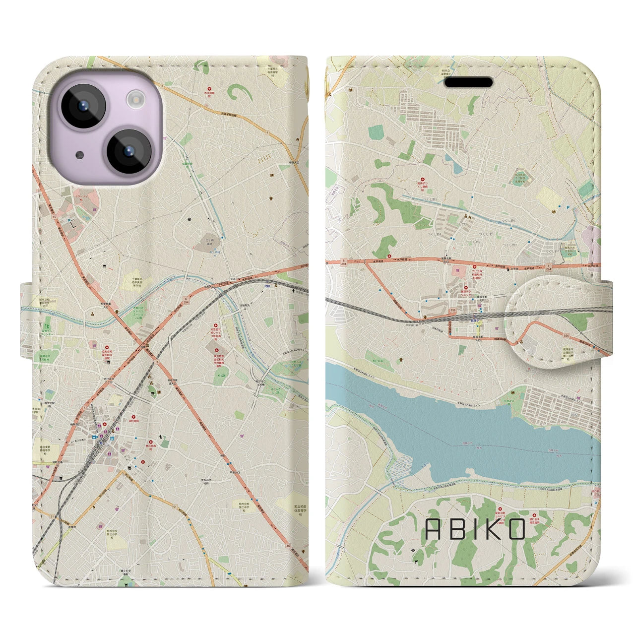 【我孫子】地図柄iPhoneケース（手帳両面タイプ・ナチュラル）iPhone 14 用