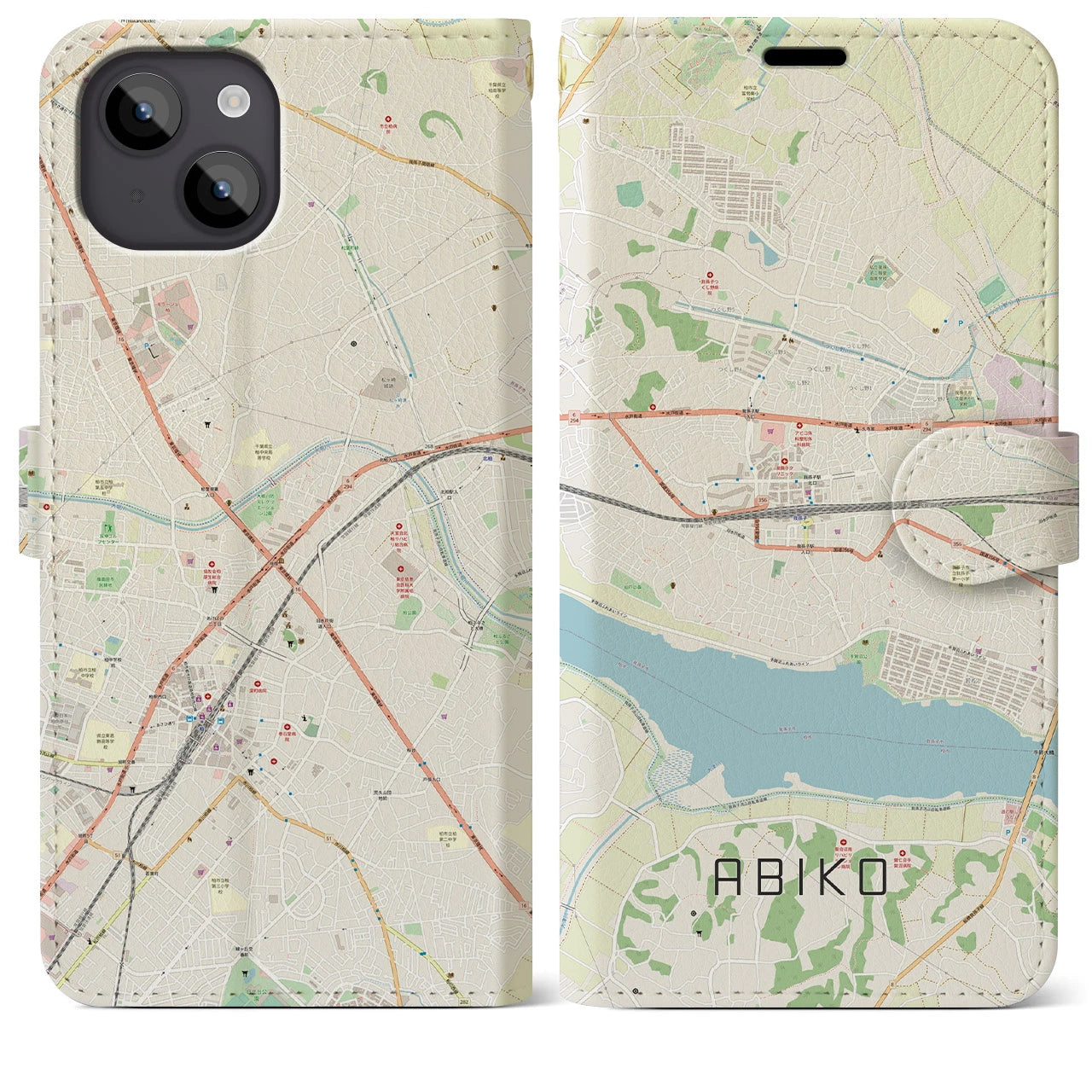 【我孫子】地図柄iPhoneケース（手帳両面タイプ・ナチュラル）iPhone 14 Plus 用
