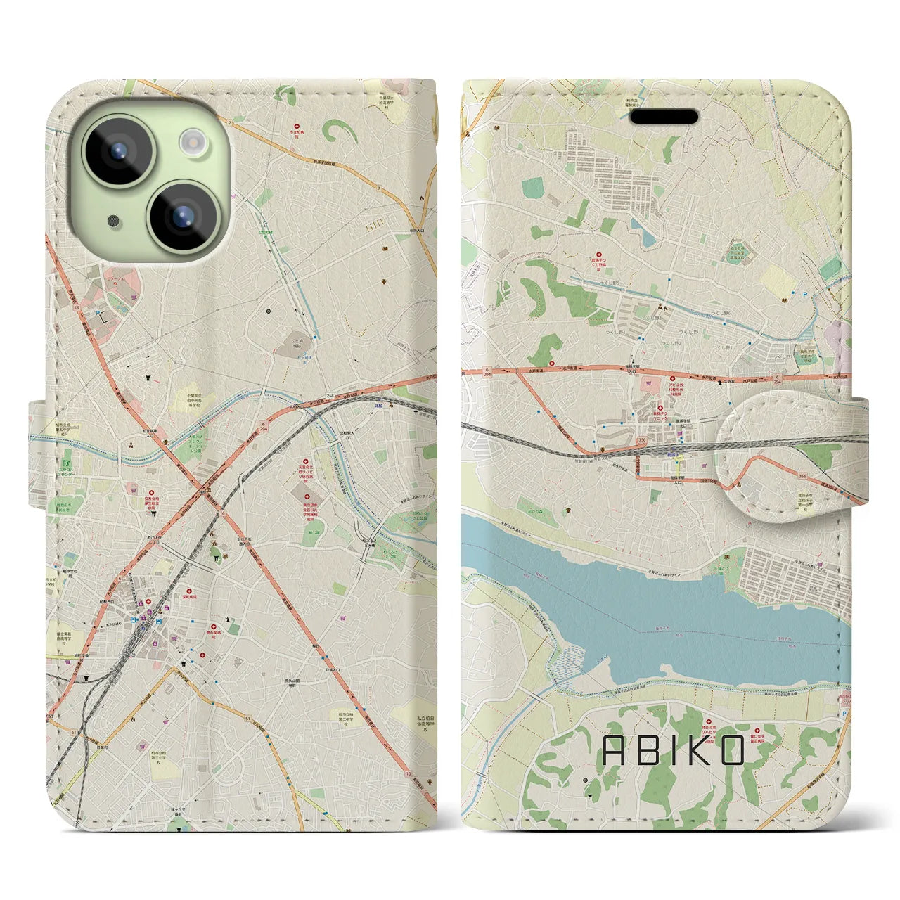 【我孫子】地図柄iPhoneケース（手帳両面タイプ・ナチュラル）iPhone 15 用